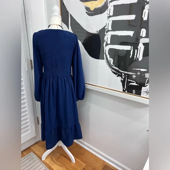 Zwurew V Neck Long Sleeve Rouched Bodice Dress in Navy Blue, Size XL - Picture 6 of 10